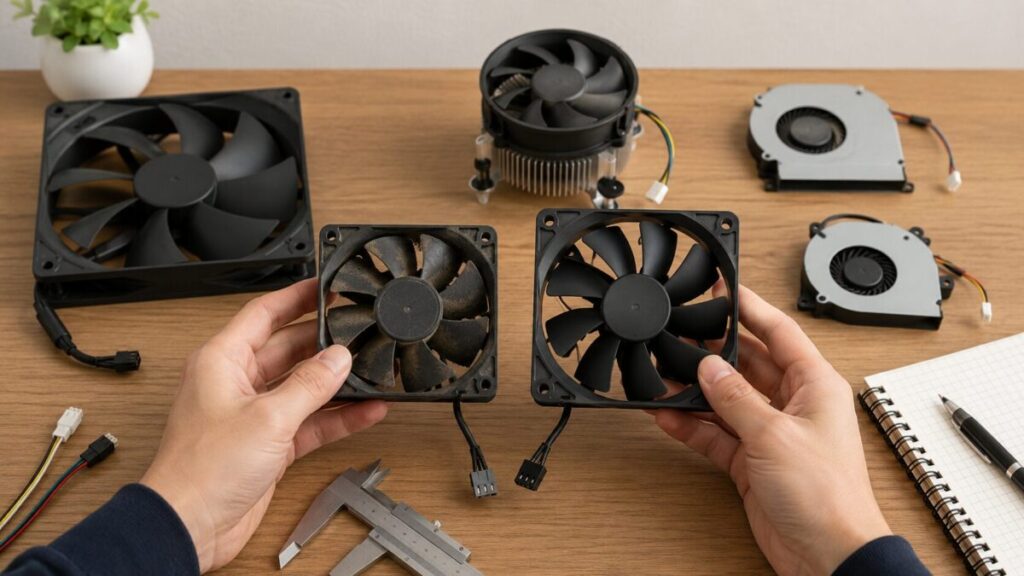 古いPCファンと交換用ファンを並べて、サイズやコネクタの違いを確認している様子