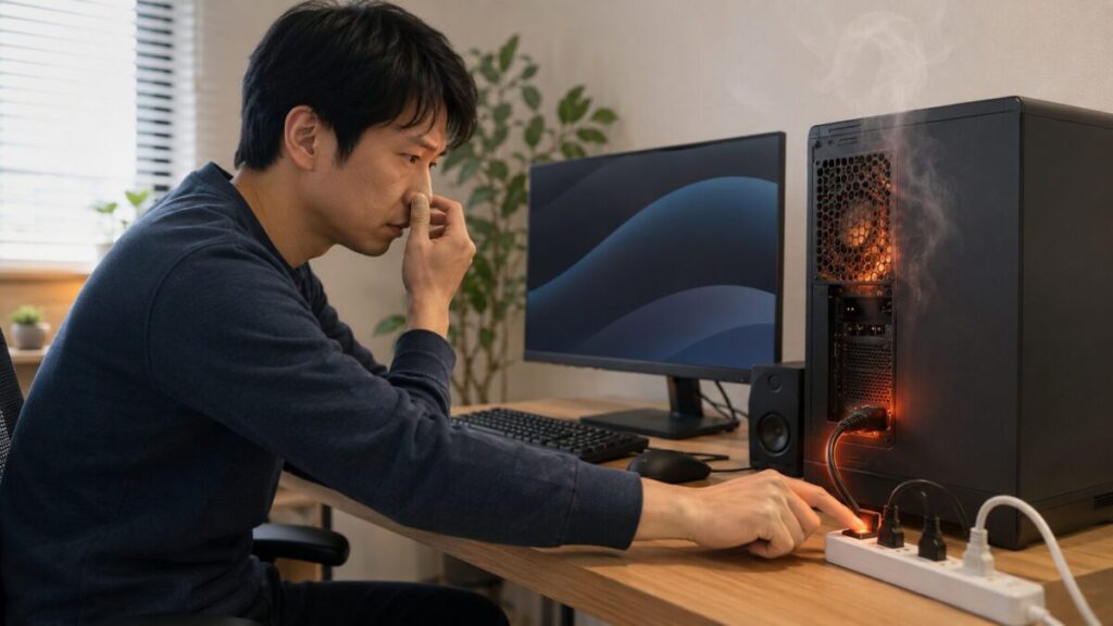 PCファンがうるさい時に異常な熱やにおいを感じて電源タップを切る様子