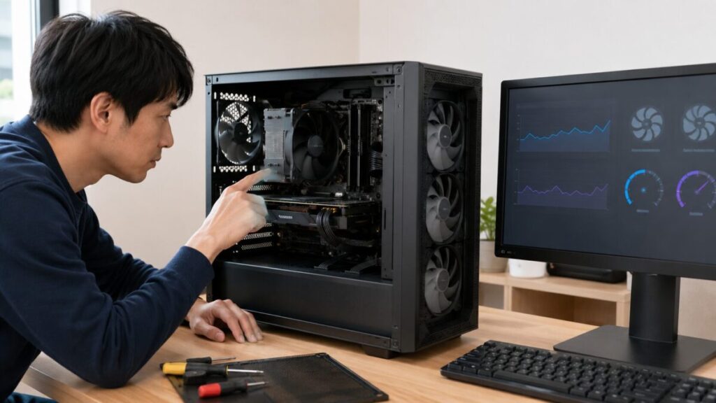 PC内部のファンとモニターの温度・回転数を確認する様子