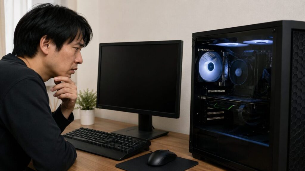 PC内部のファンは回っているのにモニターが黒いままの状態を確認する様子
