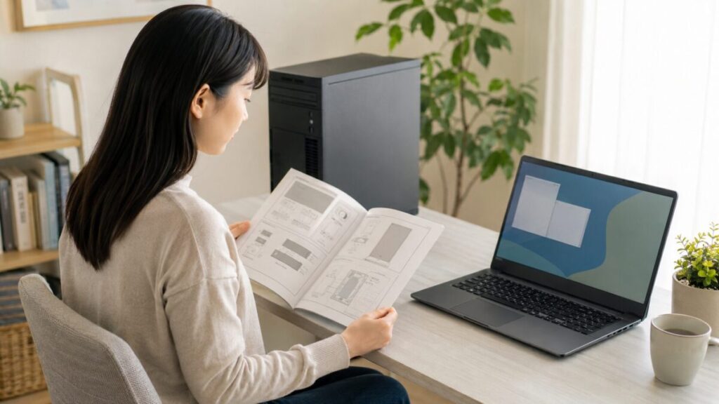 デスクトップPCとノートPCの機種別マニュアルを確認する様子