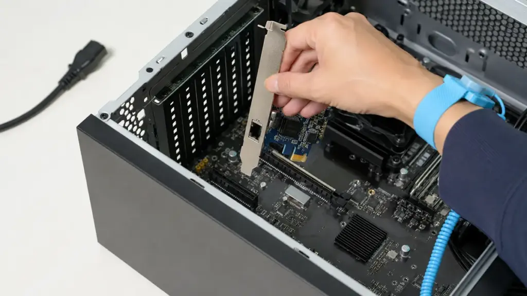 電源を切ったデスクトップPCへPCIe LANカードを取り付ける様子