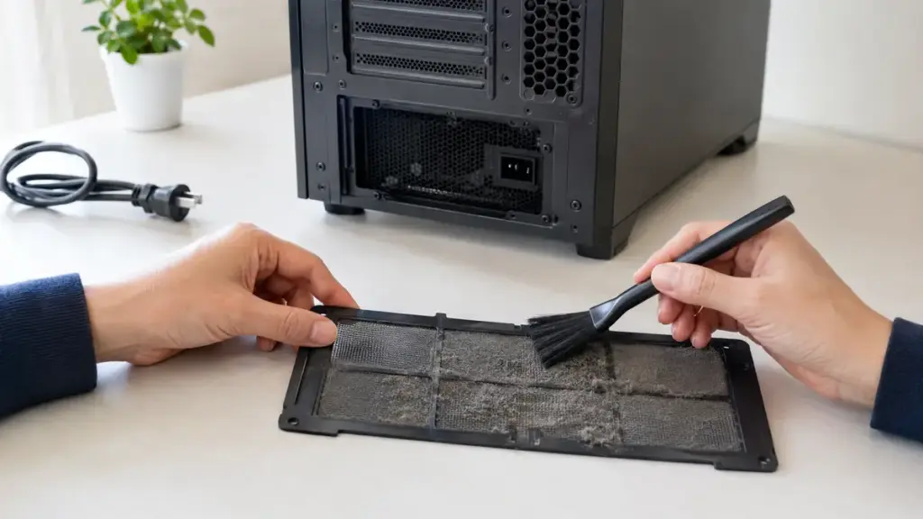 PC底面から取り外した電源吸気フィルターを清掃する様子