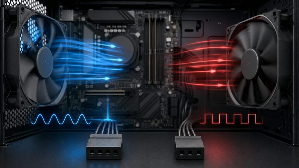 4ピンPWMファンと3ピンDCファンの制御方式を比較したPC内部