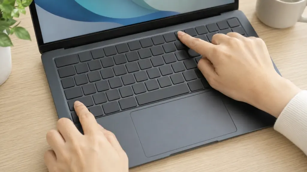 キーボードでShiftキーとF10キーを押す手元