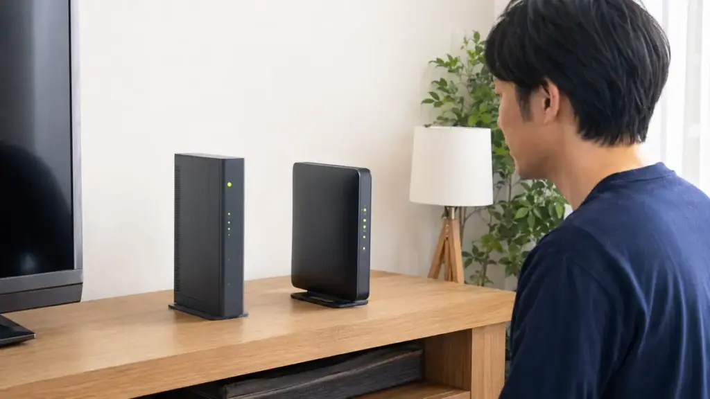 ONUとWi-Fiルーターのランプを安全に確認する様子
