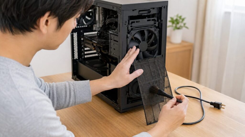 電源を切ったデスクトップPCのファンと吸気口を清掃する様子