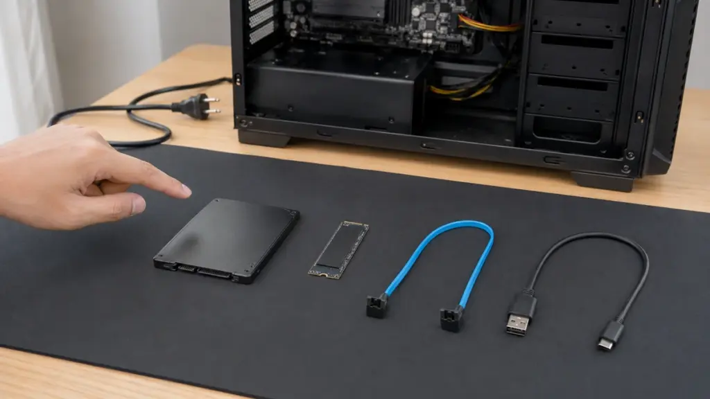 電源を切ったPCでSSDの接続部品を確認する手元