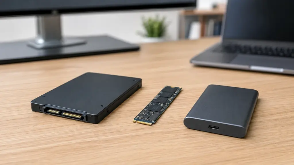 2.5インチSSDとM.2 SSDと外付けSSDを並べた比較