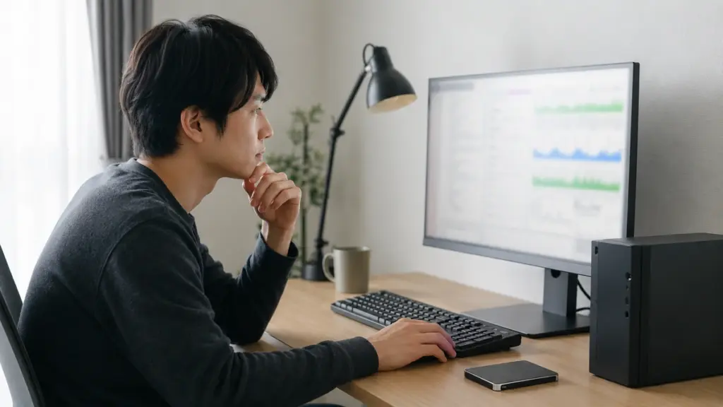 SSDの速度低下を確認する日本人ユーザーとデスクトップPC