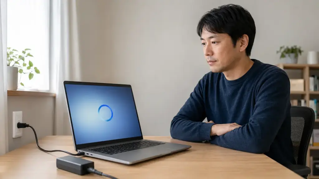 AC電源に接続したノートPCの復元処理を確認する様子