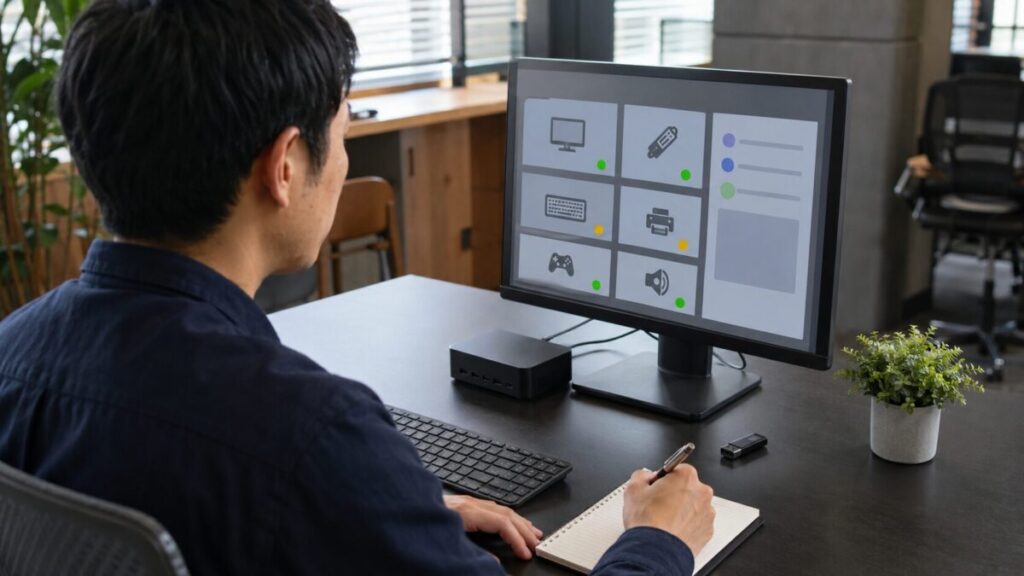 パソコン画面でUSB機器の認識状態を確認する様子