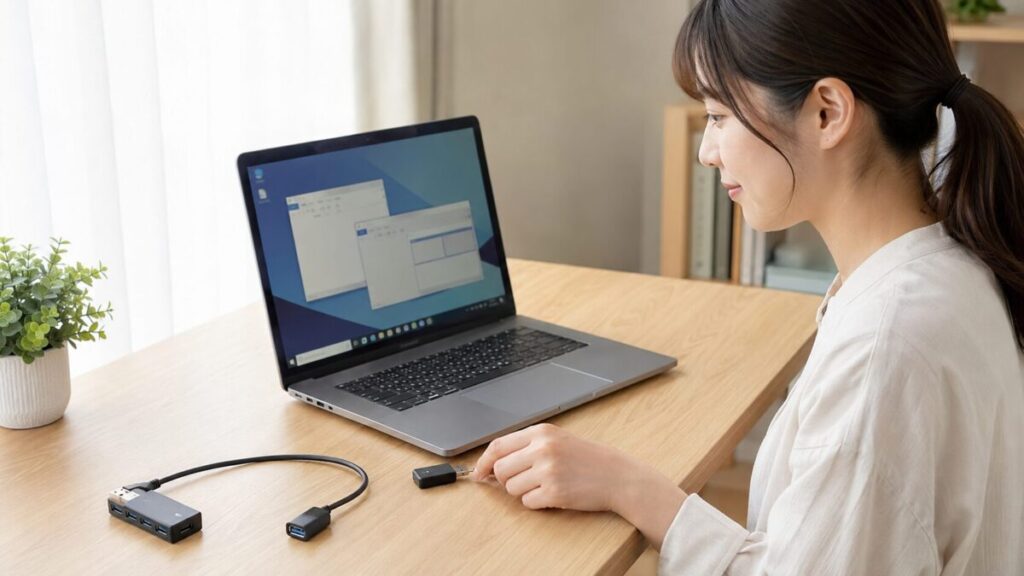 USBハブを外してUSB機器をノートPCへ直接接続して確認する様子