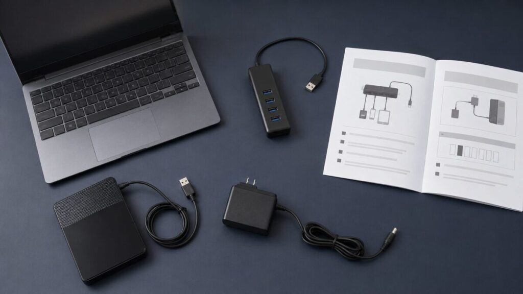 PCとUSBハブと外部電源対応機器の給電条件を確認する机上