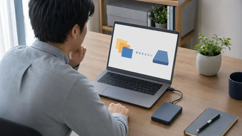 Windows起動後に外付けストレージへバックアップする様子