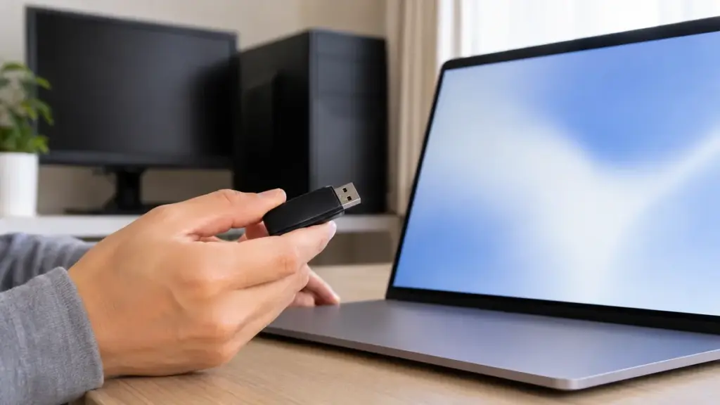 正常なノートPCと回復メディア用USBメモリ
