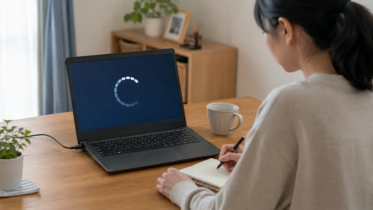 Windows Updateが進まない画面を確認しながら状況を記録する様子