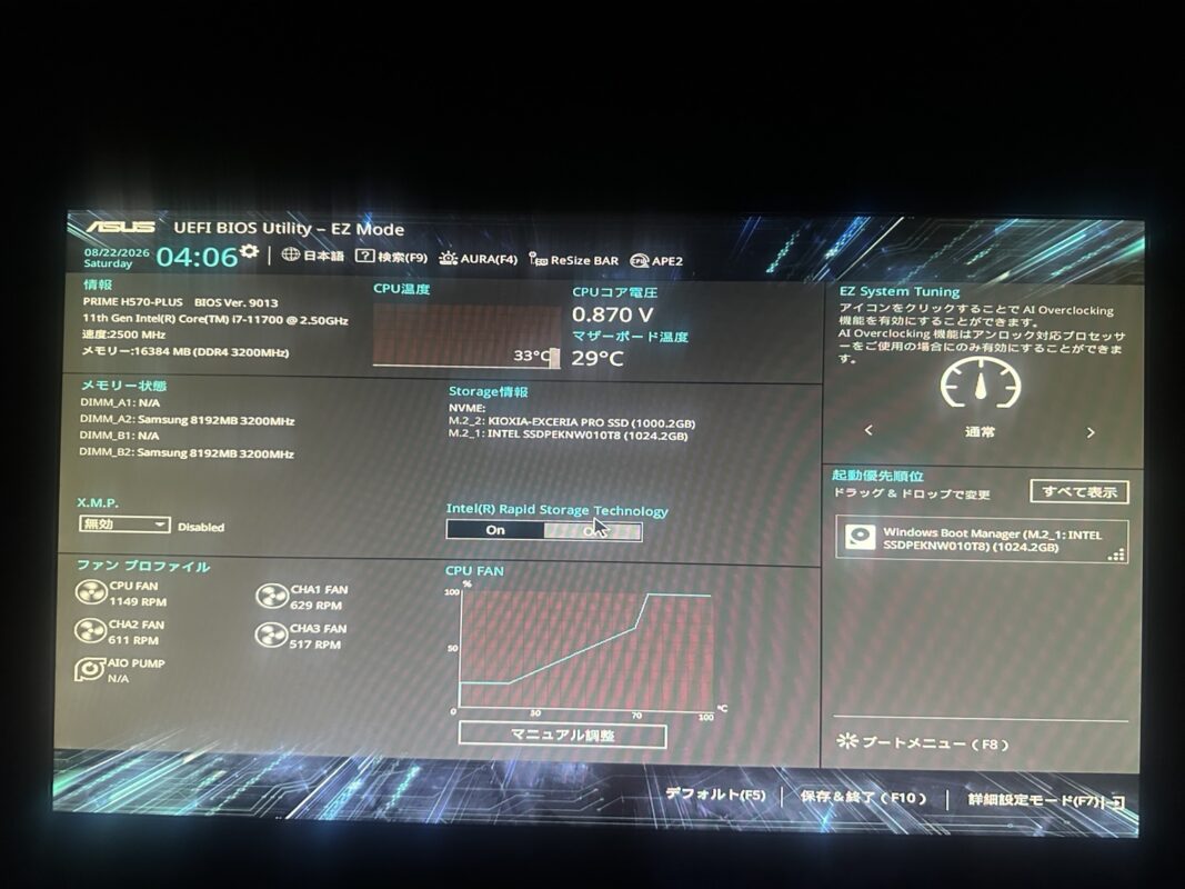 ASUS UEFI BIOSのEZ ModeでCPU温度とファン回転数とSSDと起動順位を確認
