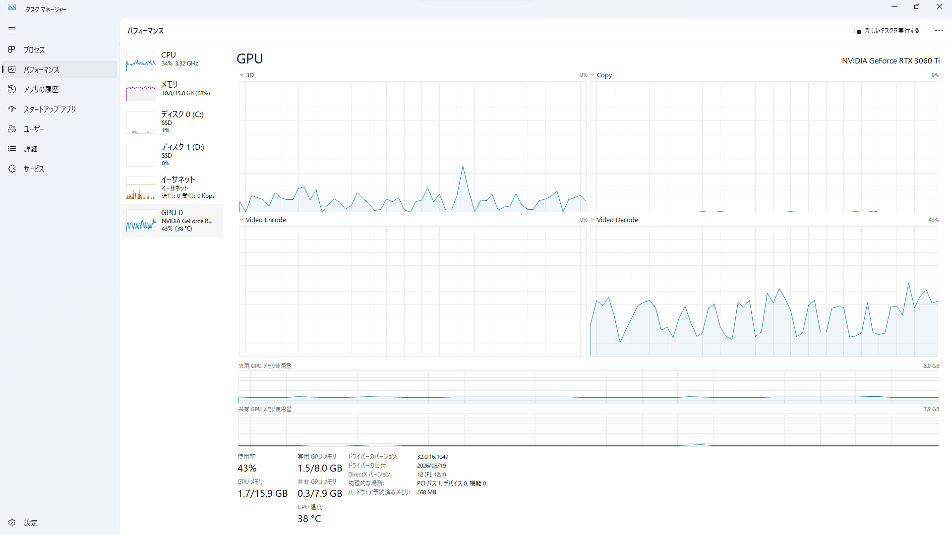 タスクマネージャーのGPU画面でRTX 3060 Tiとドライバ情報を確認