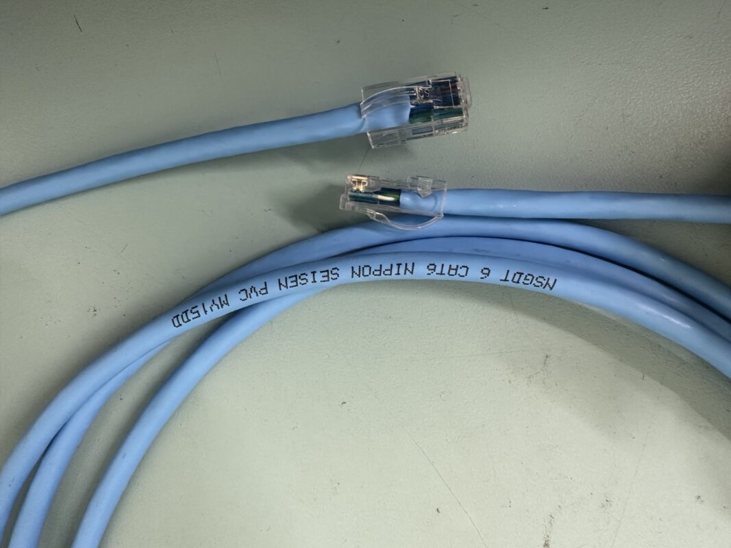 CAT6表記があるLANケーブル外皮と両端のRJ45コネクタ