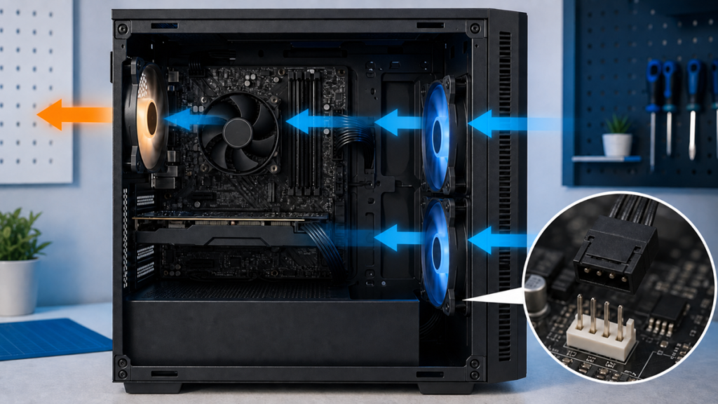 PCケースファンを前面吸気・背面排気で取り付け、マザーボードのファン端子へ接続するイメージ