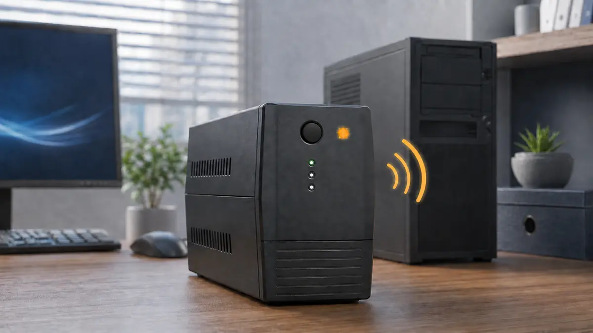 UPSの警告音を示すランプが点灯したPCデスク