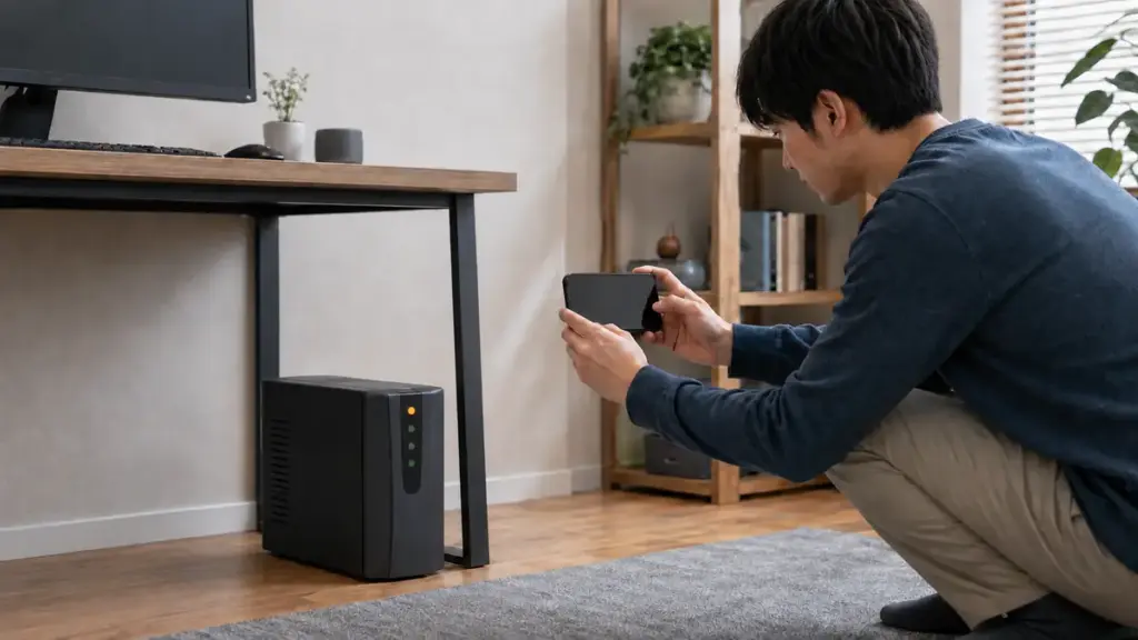 UPSの外観とランプ表示をスマートフォンで記録する様子