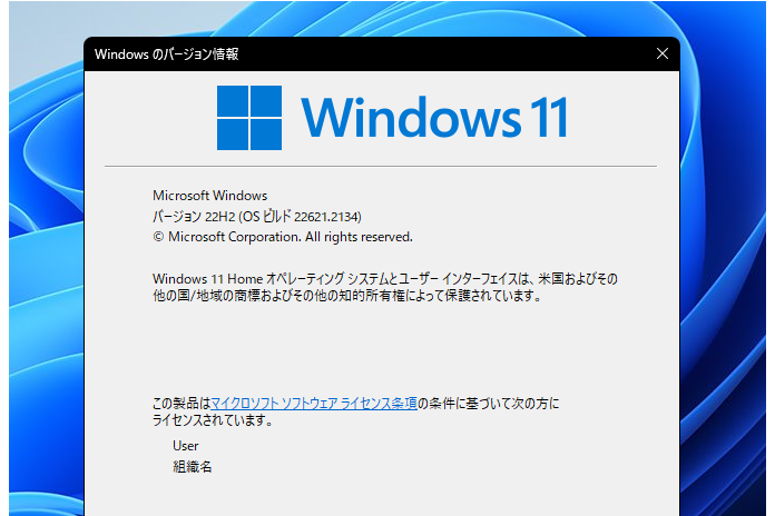 winverでWindows 11 Home 22H2ビルド22621.2134を確認