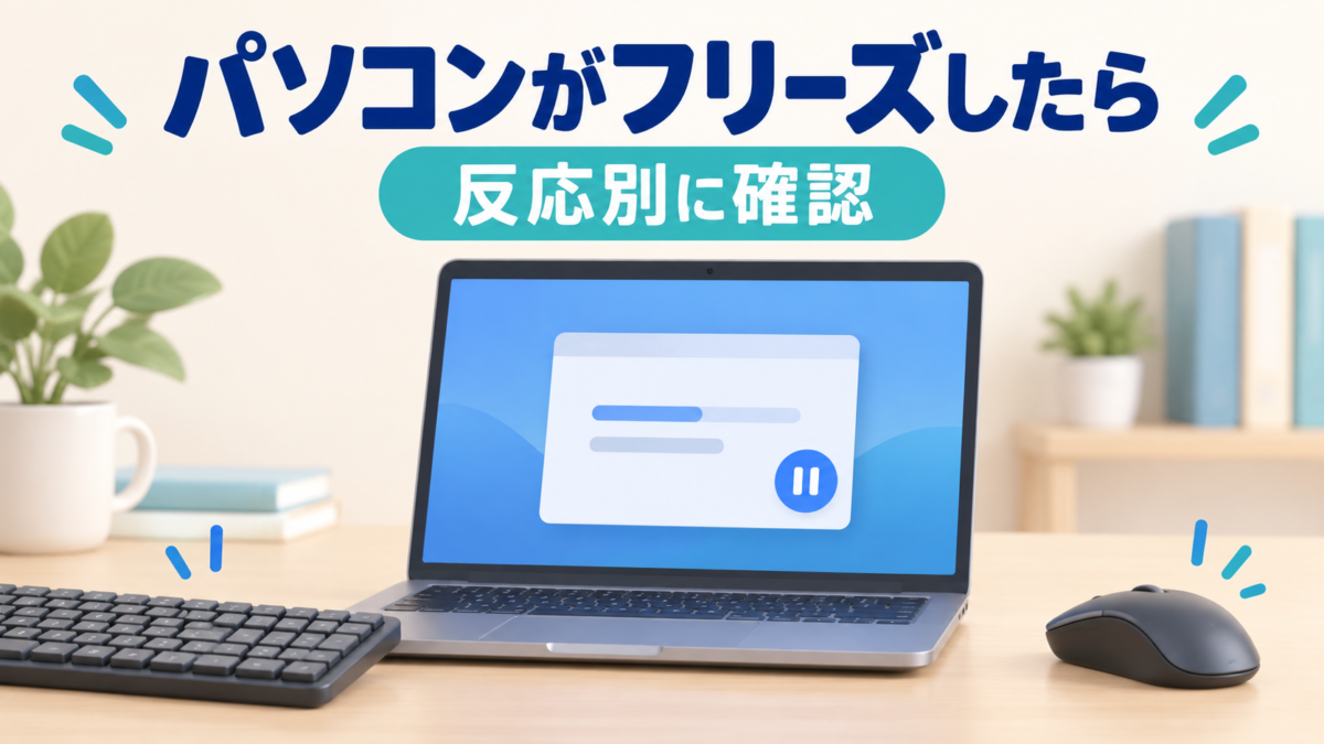 パソコンのフリーズをアプリと入力機器の反応から分ける概念イラスト