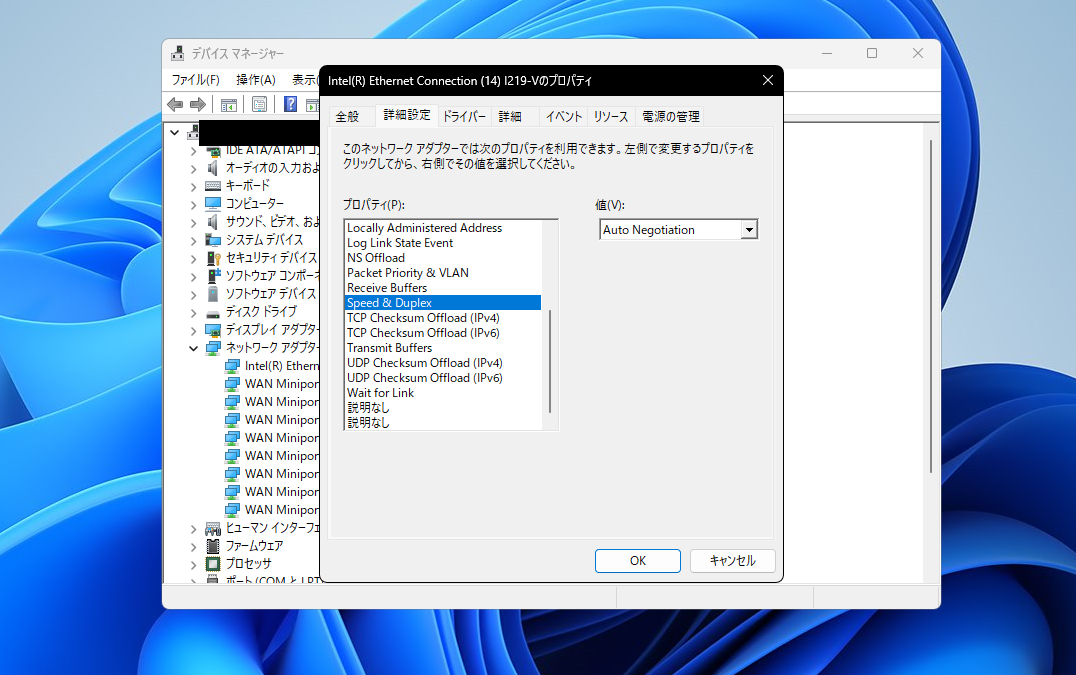 Intel I219-VのSpeed & DuplexがAuto Negotiationの表示