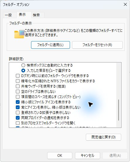 フォルダーオプションの表示タブで「常にアイコンを表示し、縮小版は表示しない」にチェックが入った画面