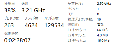 CPU情報欄の仮想化に有効と表示され、コア8、論理プロセッサ数16が並ぶ画面