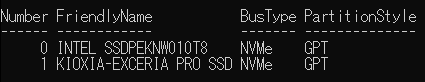 Get-Diskの保存画面から、2台のNVMeディスクのNumberと製品名、PartitionStyleがGPTと表示された部分を切り出した例